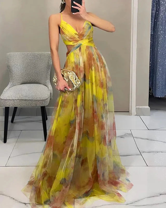 Fließendes Damen-Maxikleid in A-Linie mit Blumenmuster