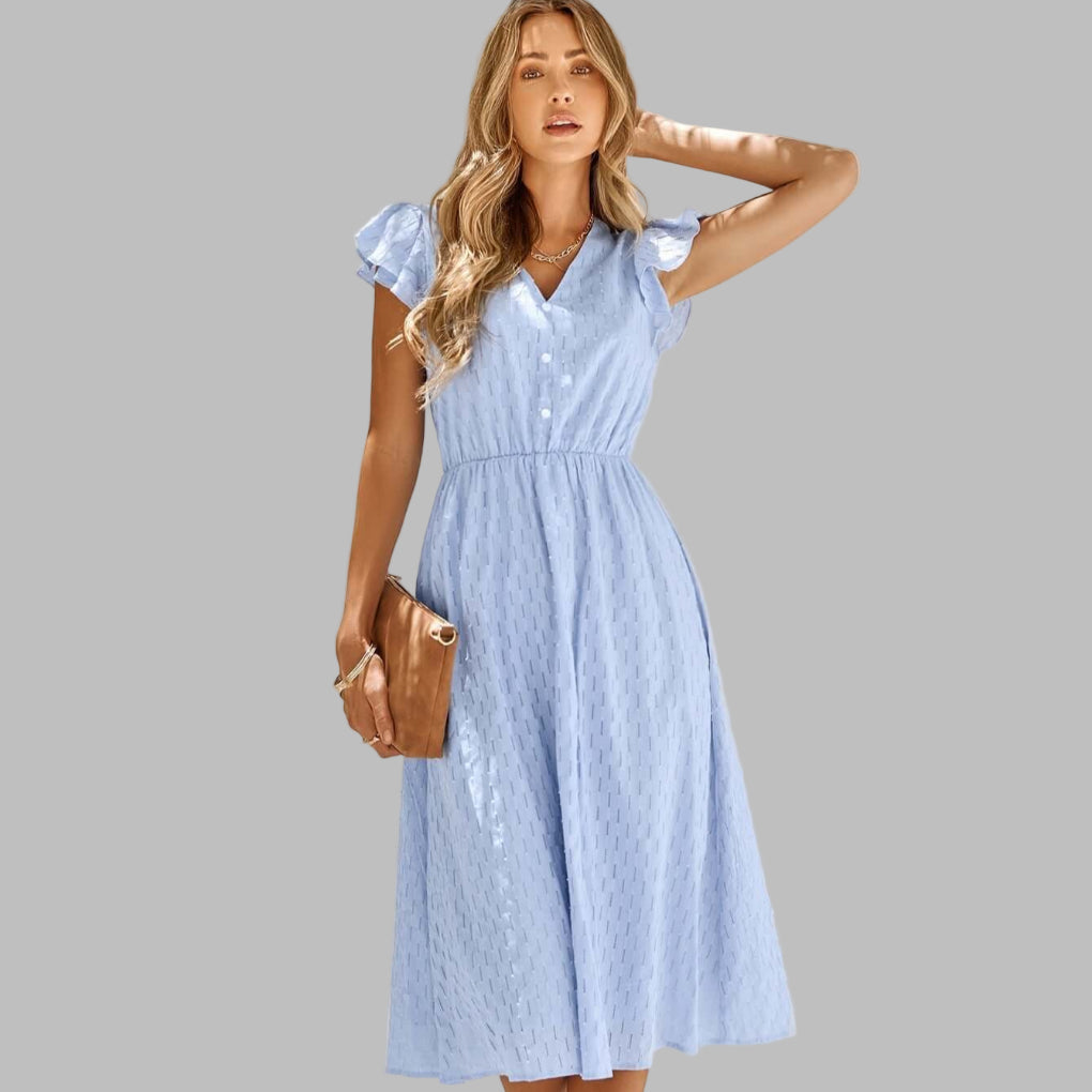 Fließendes Midikleid für Damen mit V-Ausschnitt und Rüschen