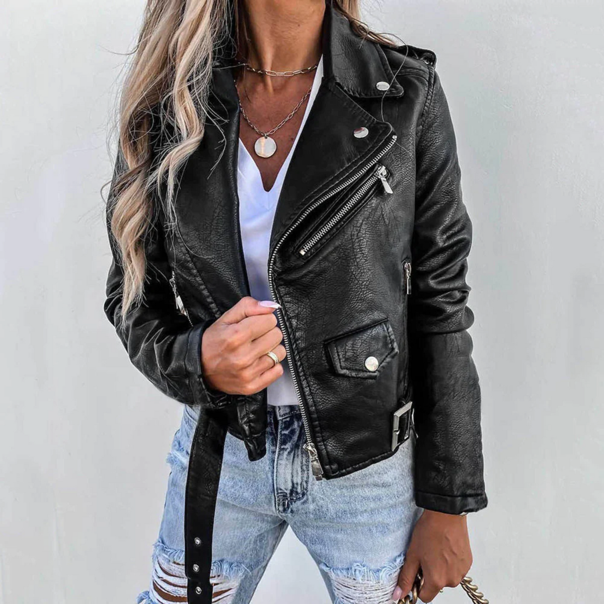 Gefütterte Kunstlederjacke mit Reißverschluss