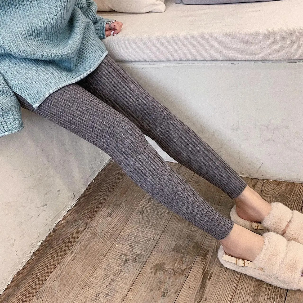 Gerippte Strickleggings mit hoher Taille für Damen