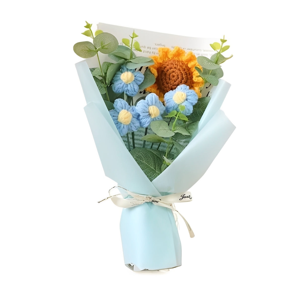 Gehäkelter Blumenstrauß mit Sonnenblumen und Gänseblümchen für Jubiläen und Feiern