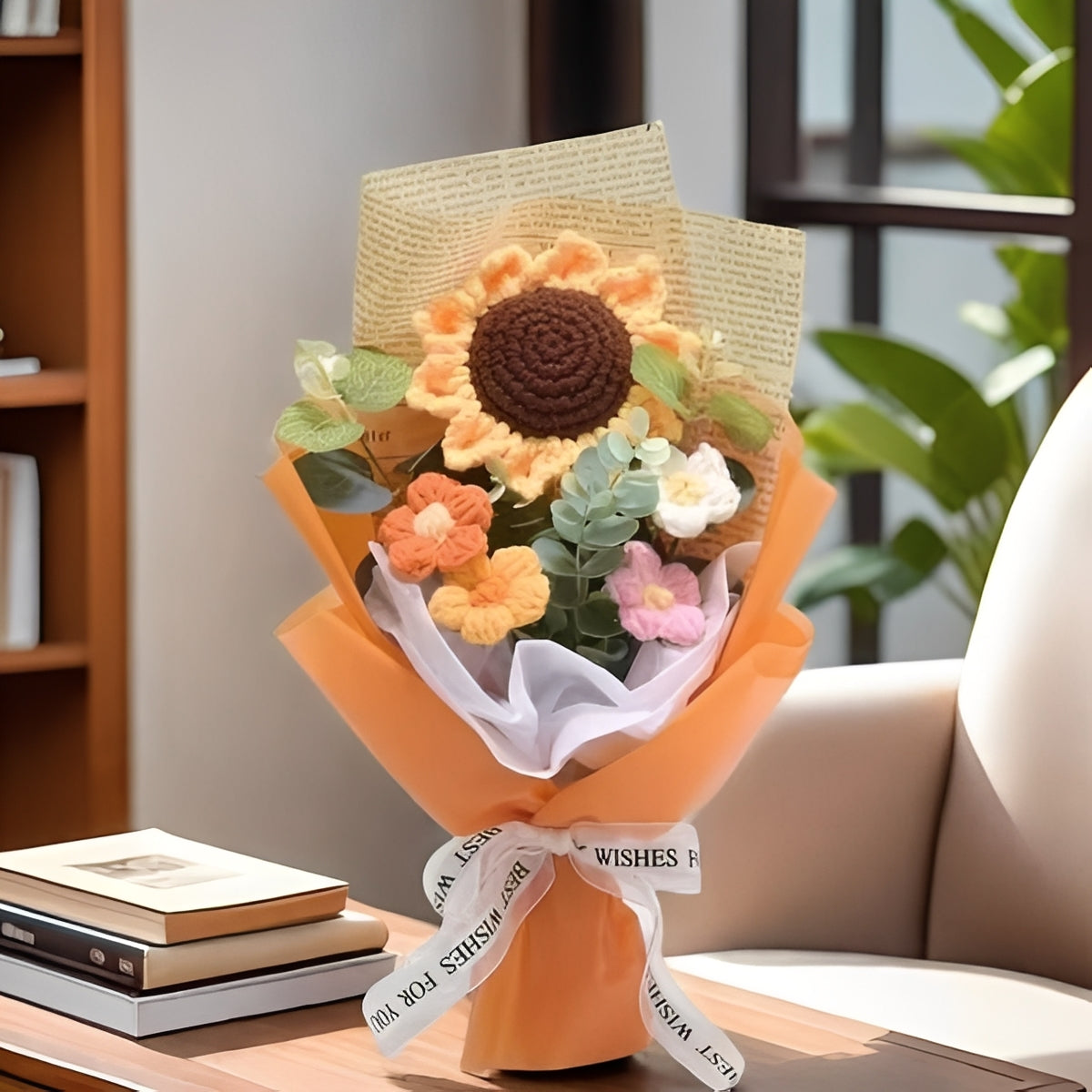 Gehäkelter Blumenstrauß mit Sonnenblumen und Gänseblümchen für Jubiläen und Feiern