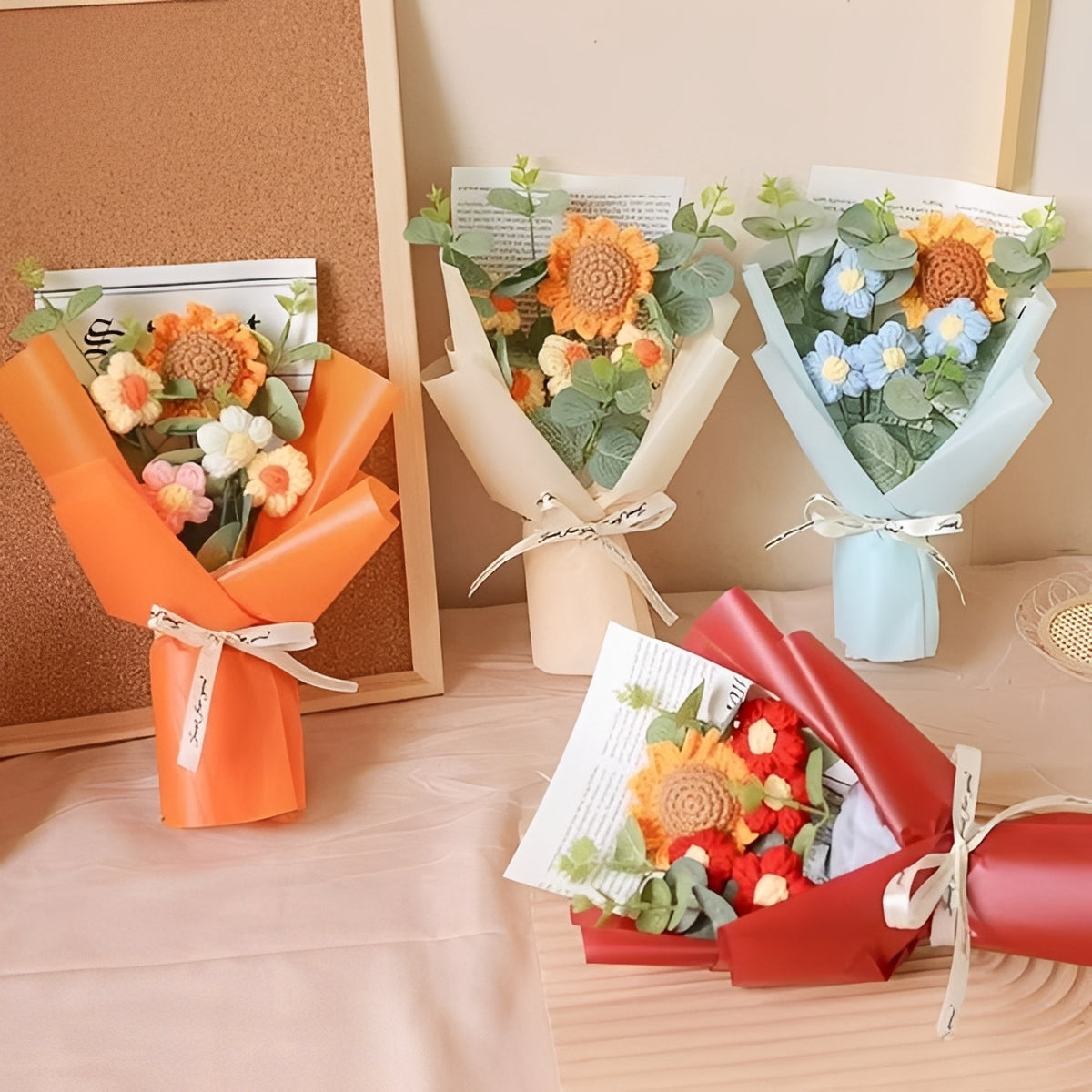 Gehäkelter Blumenstrauß mit Sonnenblumen und Gänseblümchen für Jubiläen und Feiern