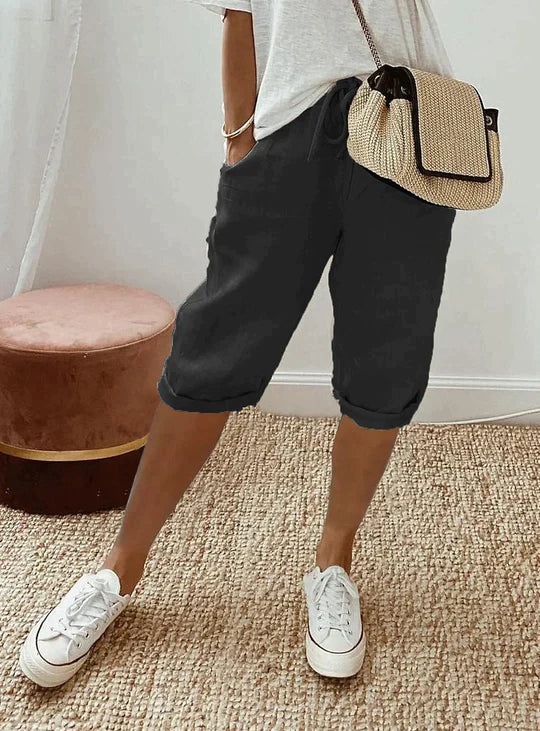 Verkürzte Leinenhose mit Kordelzug für Damen – Locker geschnitten