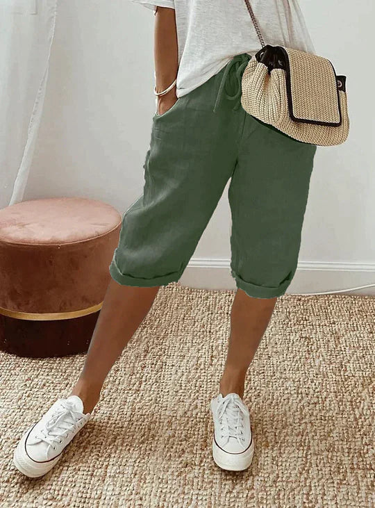 Verkürzte Leinenhose mit Kordelzug für Damen – Locker geschnitten