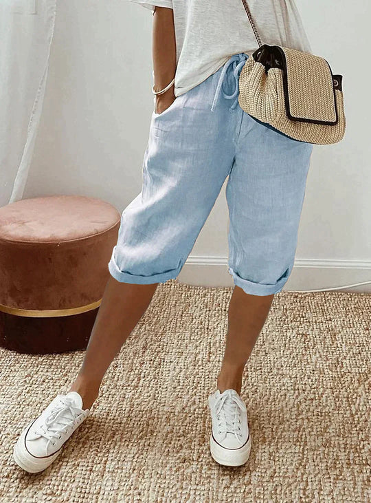 Verkürzte Leinenhose mit Kordelzug für Damen – Locker geschnitten