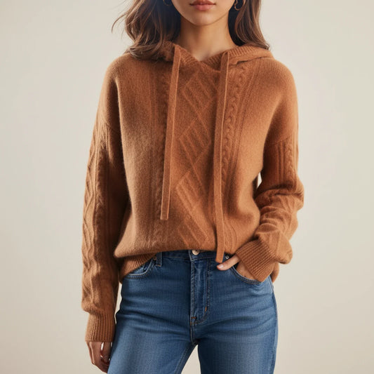 Gemütlicher Damen-Strickpullover mit Kapuze und Zopfmuster