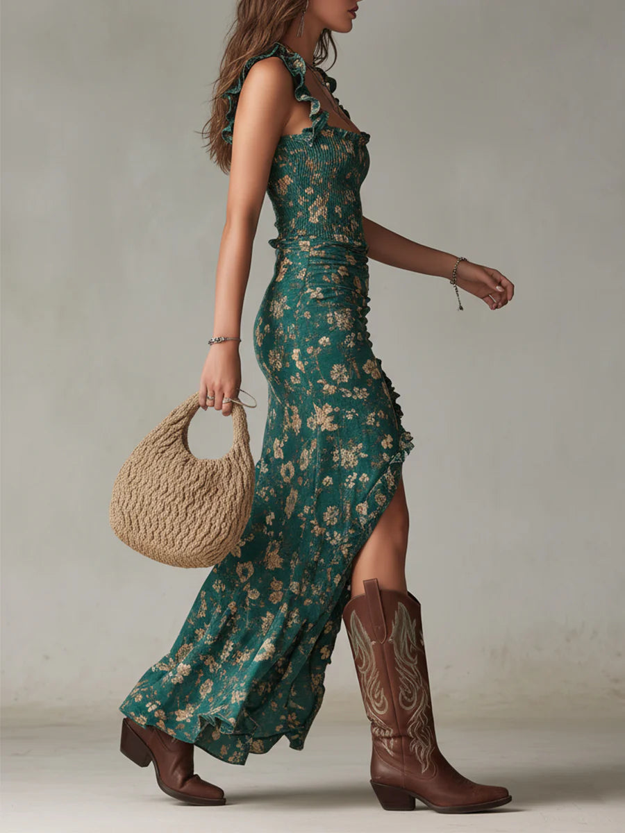 Gerafftes Maxikleid für Damen mit Blumenmuster
