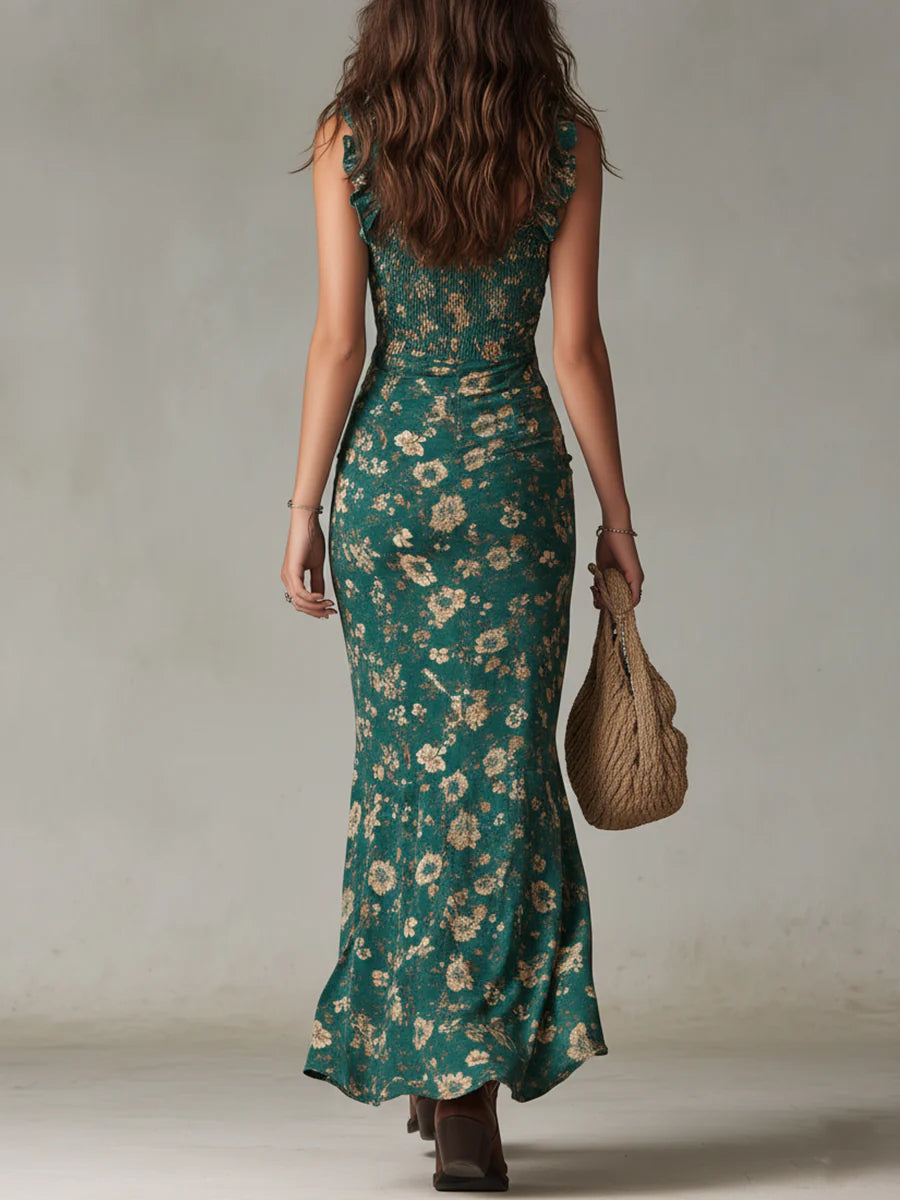 Gerafftes Maxikleid für Damen mit Blumenmuster