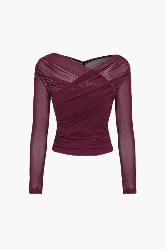 Gerafftes Mesh-Langarmtop für Damen