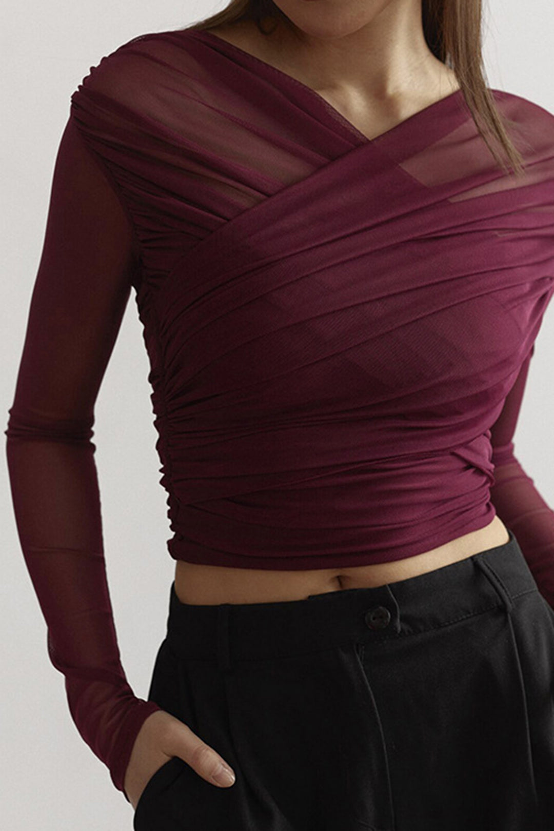 Gerafftes Mesh-Langarmtop für Damen