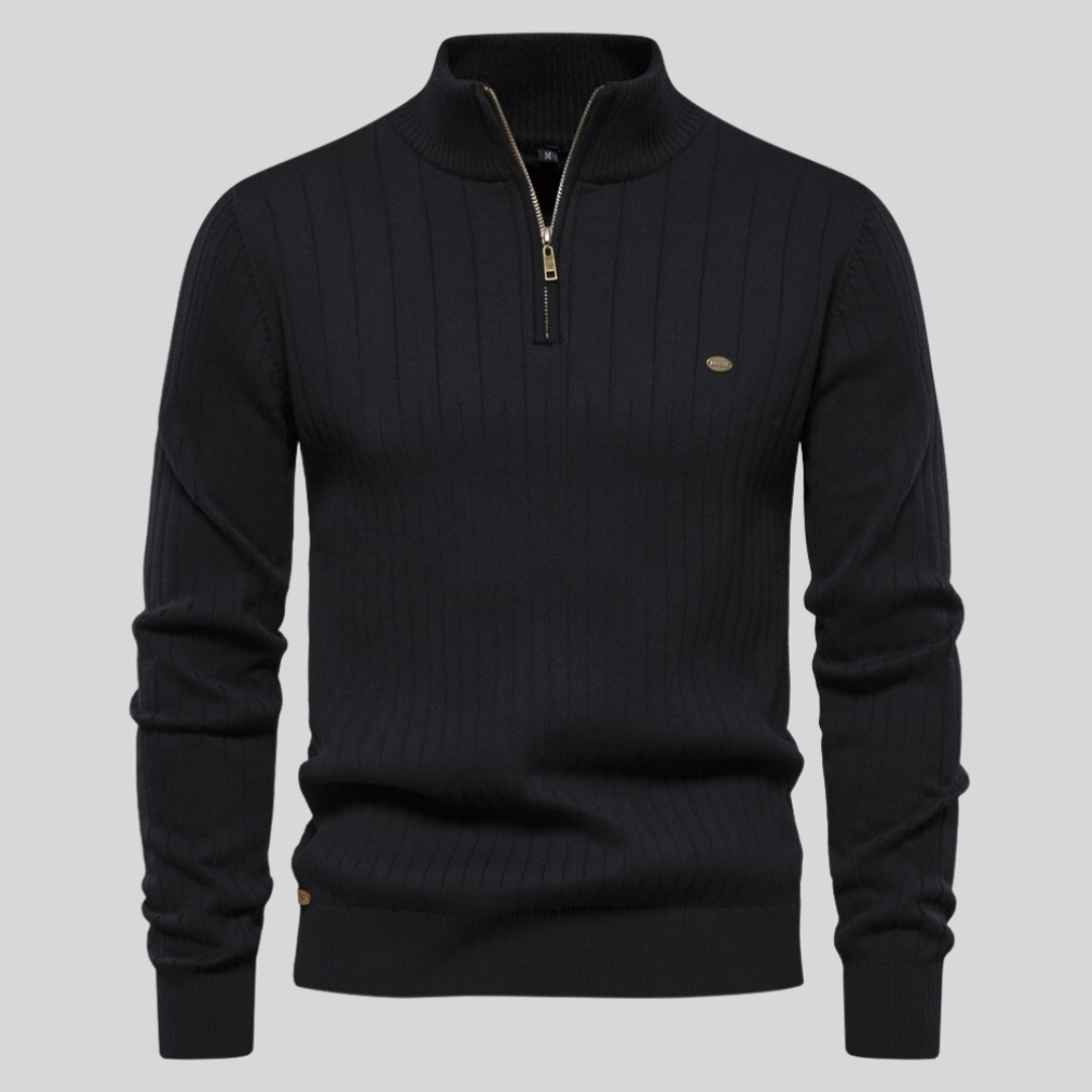 Gerippter Herren-Strickpullover mit Halbreißverschluss