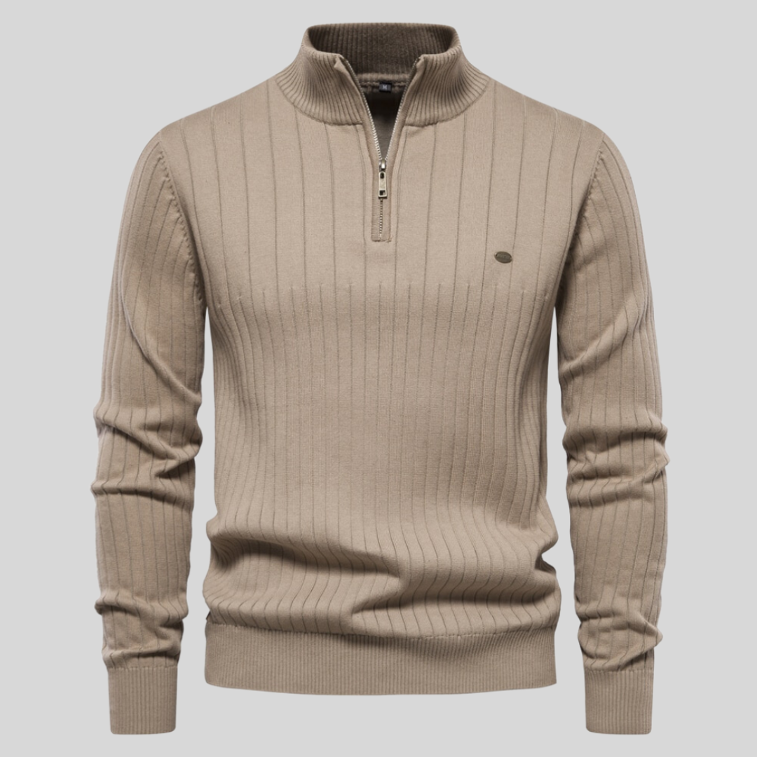 Gerippter Herren-Strickpullover mit Halbreißverschluss