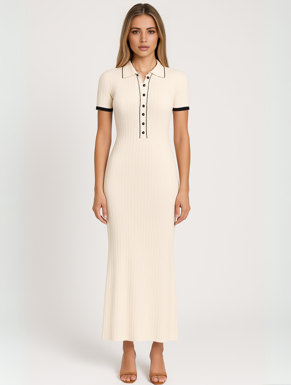 Geripptes Maxikleid für Damen mit Knopfleiste