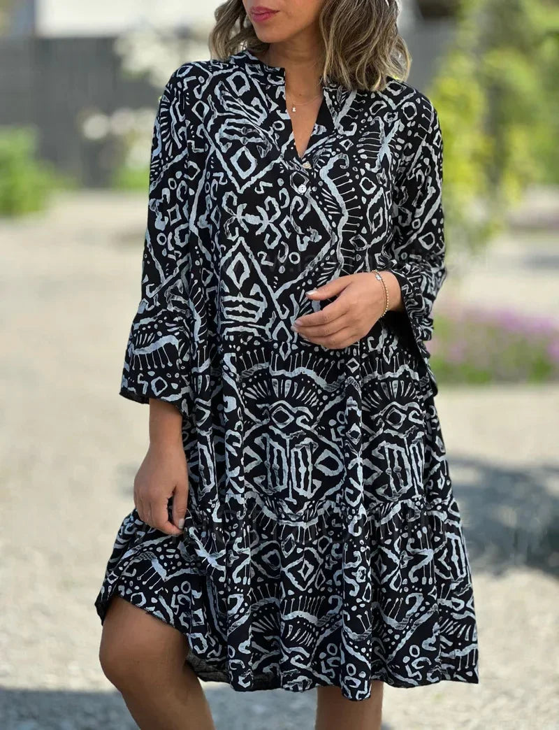 Gesticktes Damen-Midikleid mit Print