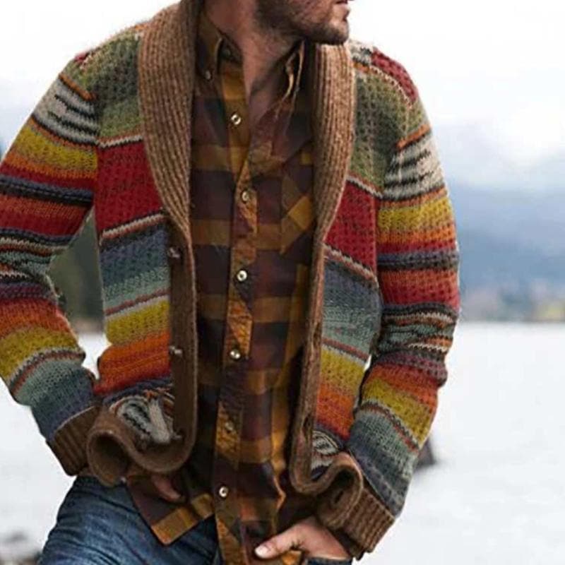 Gestreifte Herren-Strickjacke mit Schalkragen