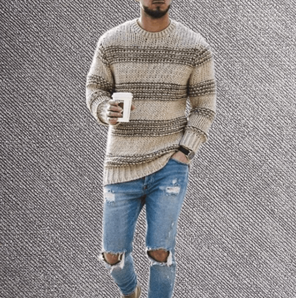 Gestreifter Herren-Langarmpullover mit Rundhalsausschnitt