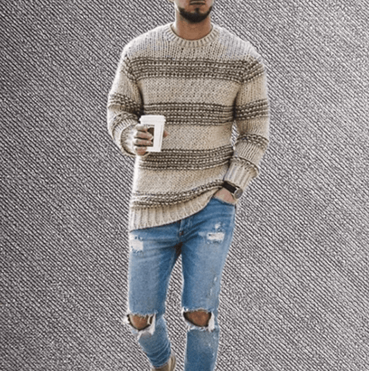 Gestreifter Herren-Langarmpullover mit Rundhalsausschnitt