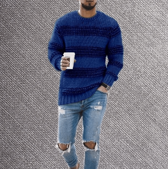 Gestreifter Herren-Langarmpullover mit Rundhalsausschnitt