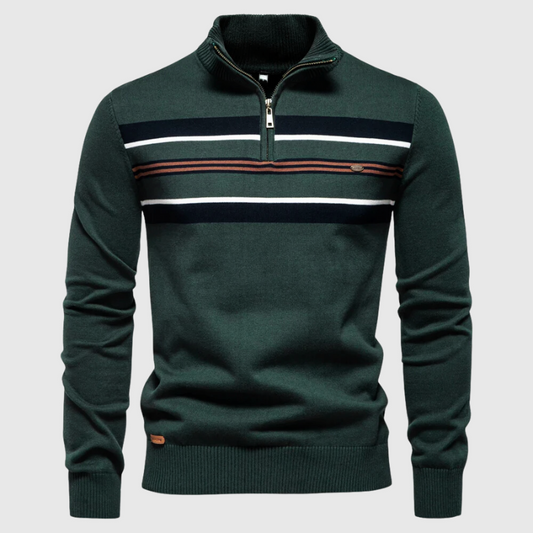 Gestreifter Herrenpullover mit Stehkragen und Reißverschluss