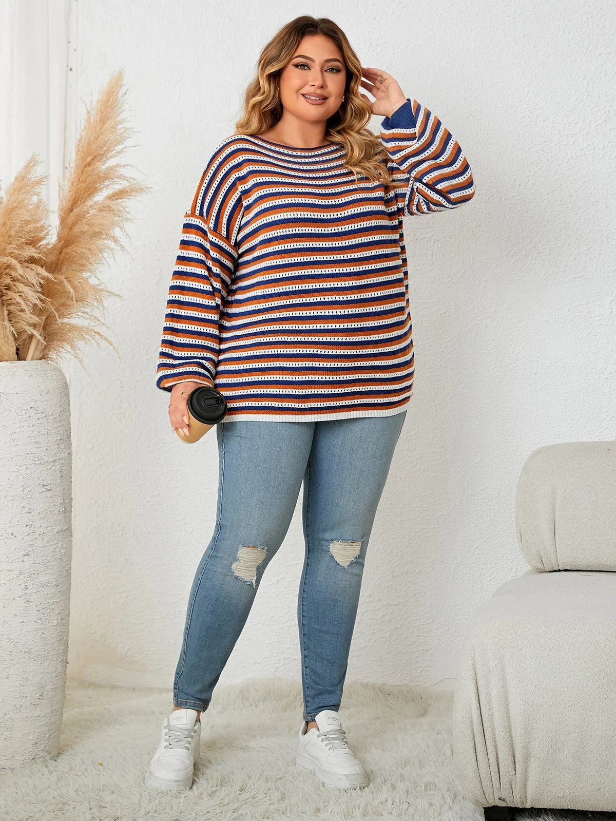 Gestreifter Wollmisch-Pullover für große Größen