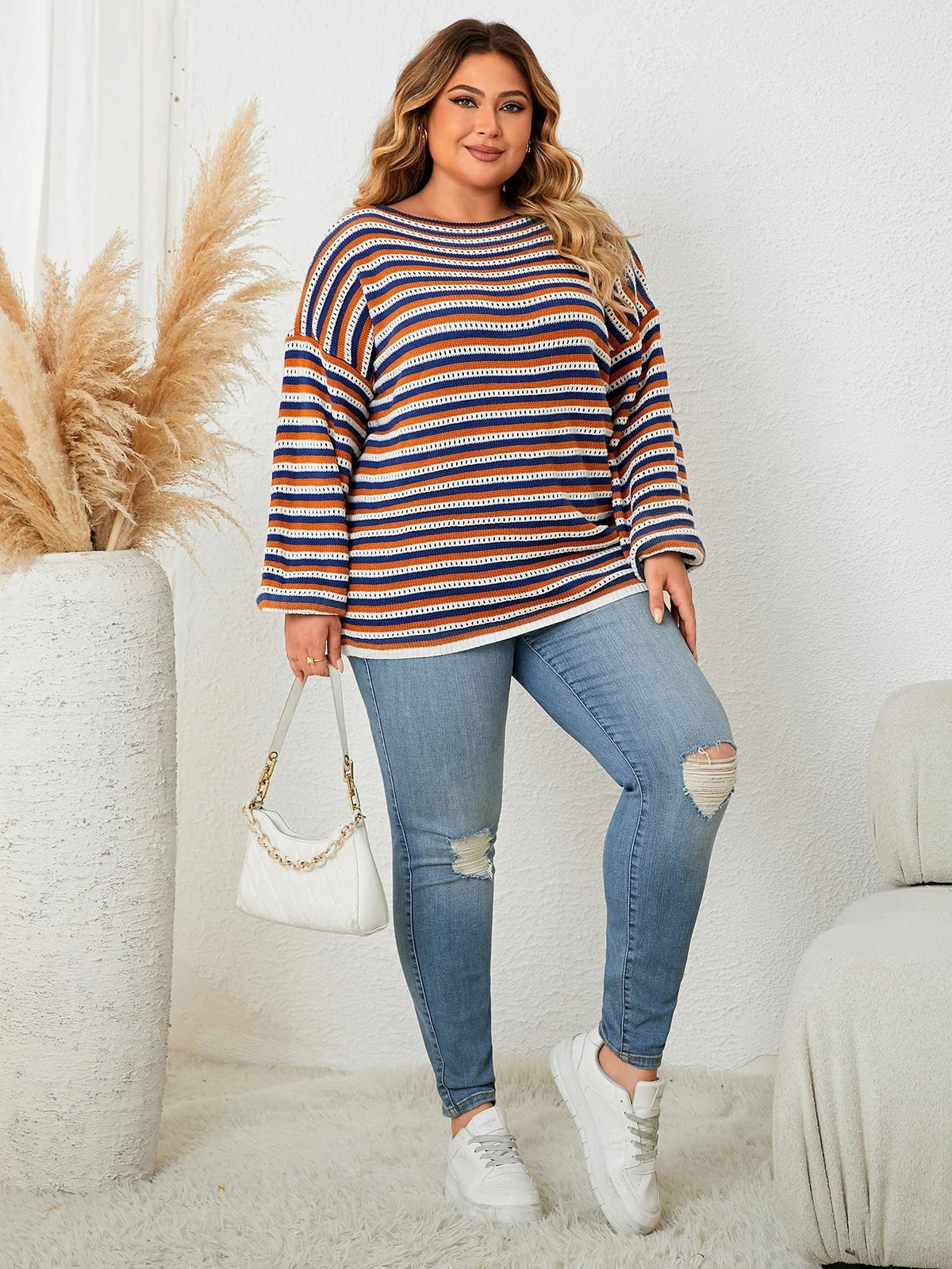 Gestreifter Wollmisch-Pullover für große Größen