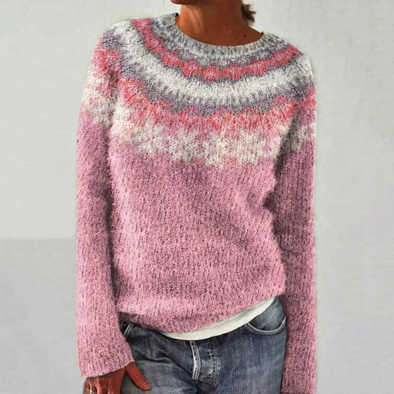 Gestrickter Damen-Strickpullover mit Rundhalsausschnitt und Fair-Isle-Muster