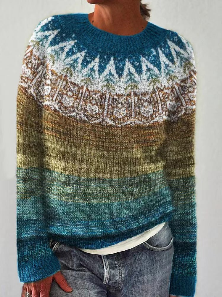 Gestrickter Damen-Strickpullover mit Rundhalsausschnitt und Fair-Isle-Muster