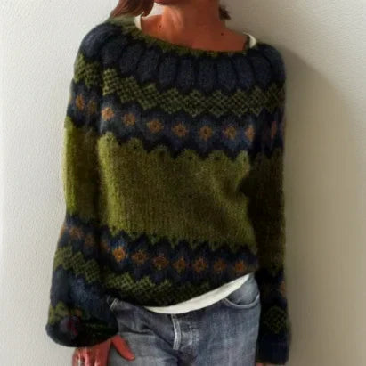 Gestrickter Damen-Strickpullover mit Rundhalsausschnitt und Fair-Isle-Muster