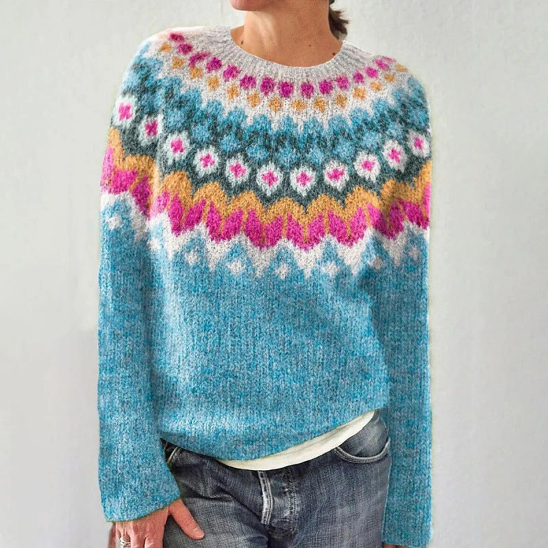 Gestrickter Damen-Strickpullover mit Rundhalsausschnitt und Fair-Isle-Muster