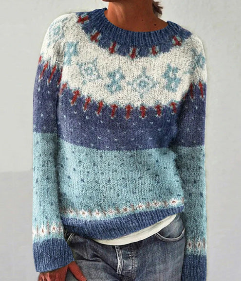 Gestrickter Damen-Strickpullover mit Rundhalsausschnitt und Fair-Isle-Muster