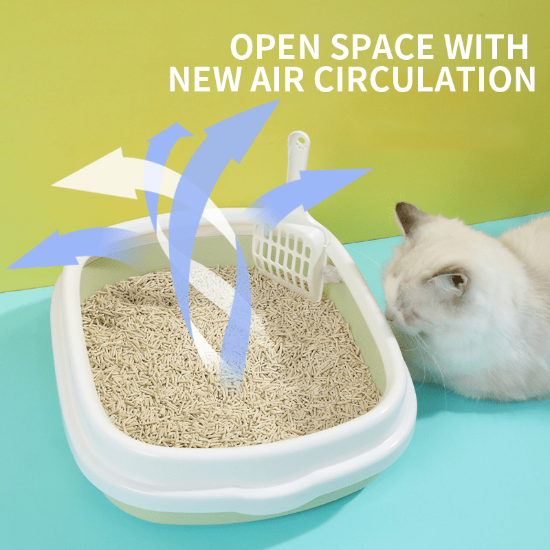 Großes offenes Katzenklo mit erhöhtem Rand und Schaufel – minimalistisches und geräumiges Design