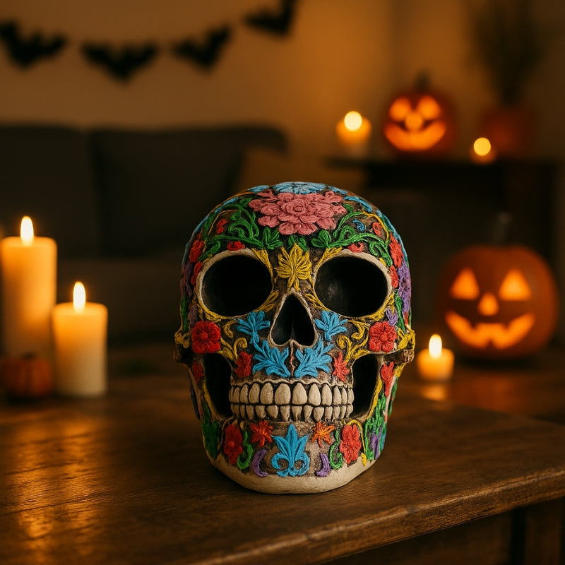 Halloween-Totenkopf-Skulptur aus Kunstharz zur Dekoration