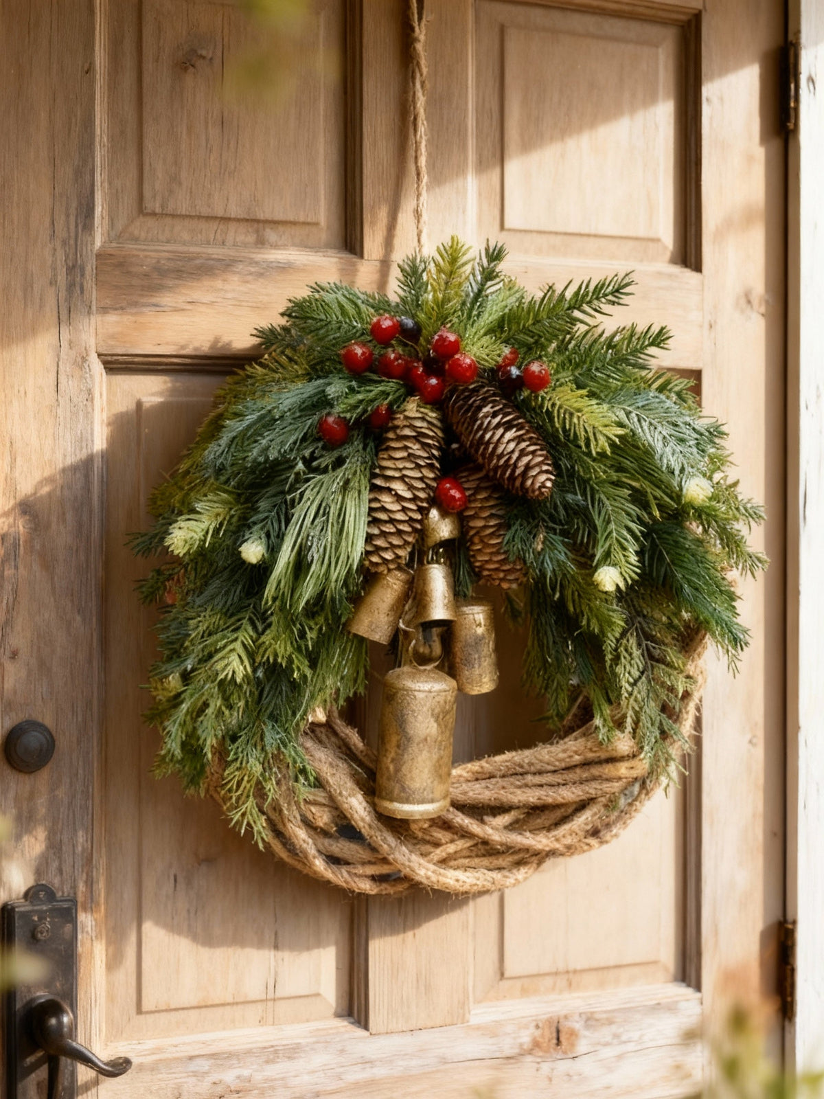 Handgefertigter Winterkranz im Boho-Stil mit Glocken, Tannenzapfen und Beeren für den Innen- und Außenbereich