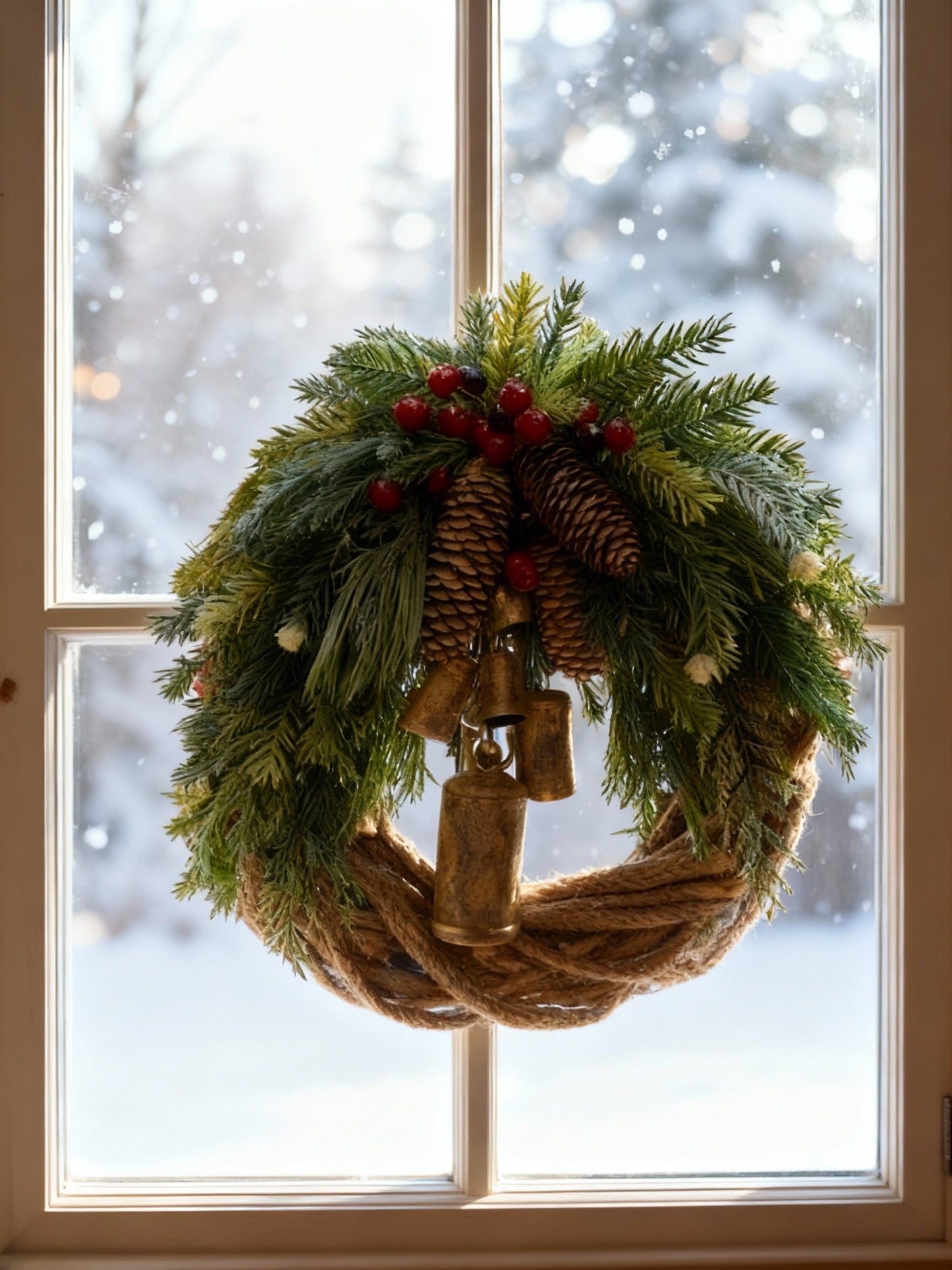 Handgefertigter Winterkranz im Boho-Stil mit Glocken, Tannenzapfen und Beeren für den Innen- und Außenbereich