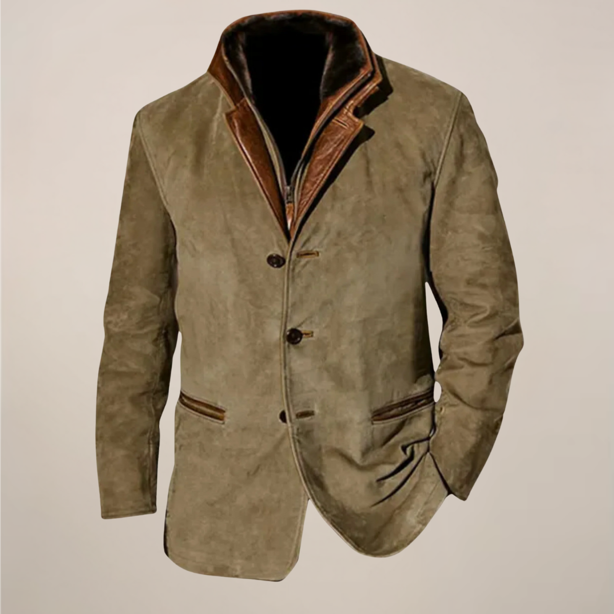 Herren-Blazer im Vintage-Stil – Mantel in Wildlederoptik mit Kontrastkragen und Reißverschluss