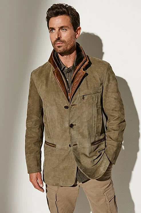 Herren-Blazer im Vintage-Stil – Mantel in Wildlederoptik mit Kontrastkragen und Reißverschluss