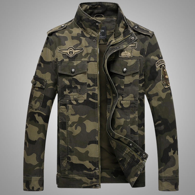 Herren-Feldjacke mit Camouflage-Muster aus strapazierfähigem Canvas mit Schulterklappen, mehreren Taschen und Stehkragen Mune Fashion