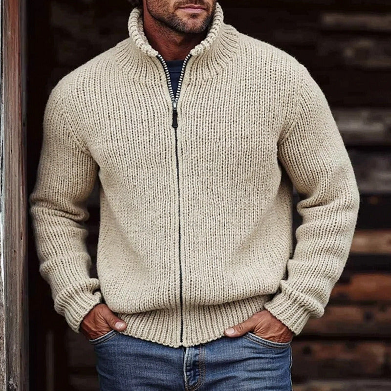 Herren-Grobstrickjacke mit Stehkragen und durchgehendem Reißverschluss