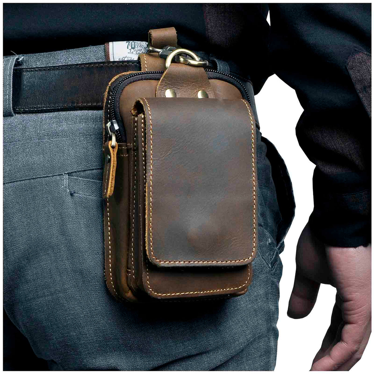 Herren-Gürteltasche aus echtem Leder mit Haken