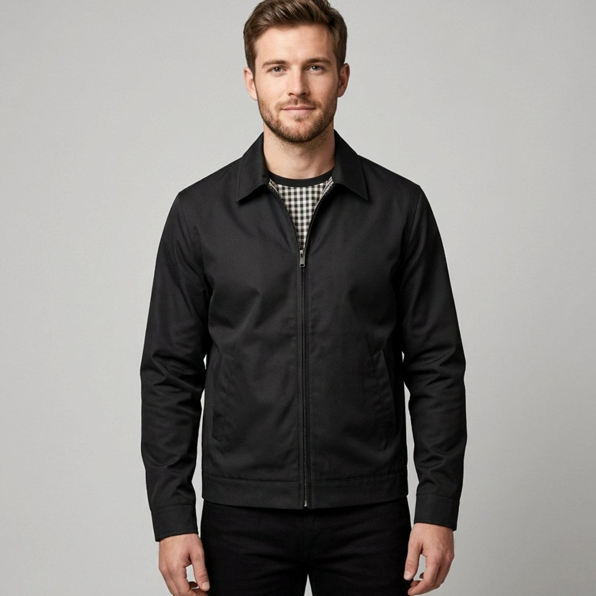 Herren-Harrington-Bomberjacke mit Karofutter und Hemdkragen