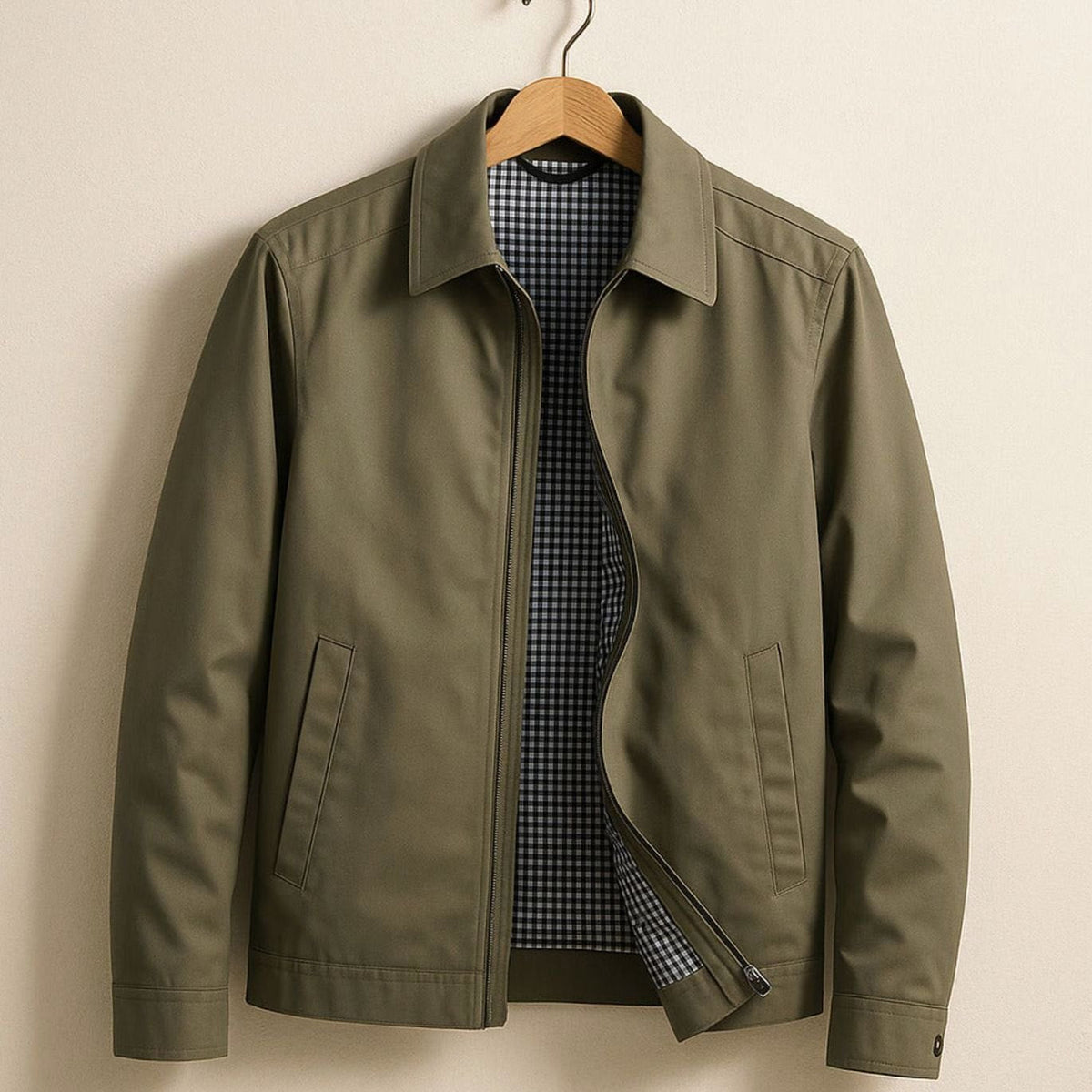 Herren-Harrington-Bomberjacke mit Karofutter und Hemdkragen