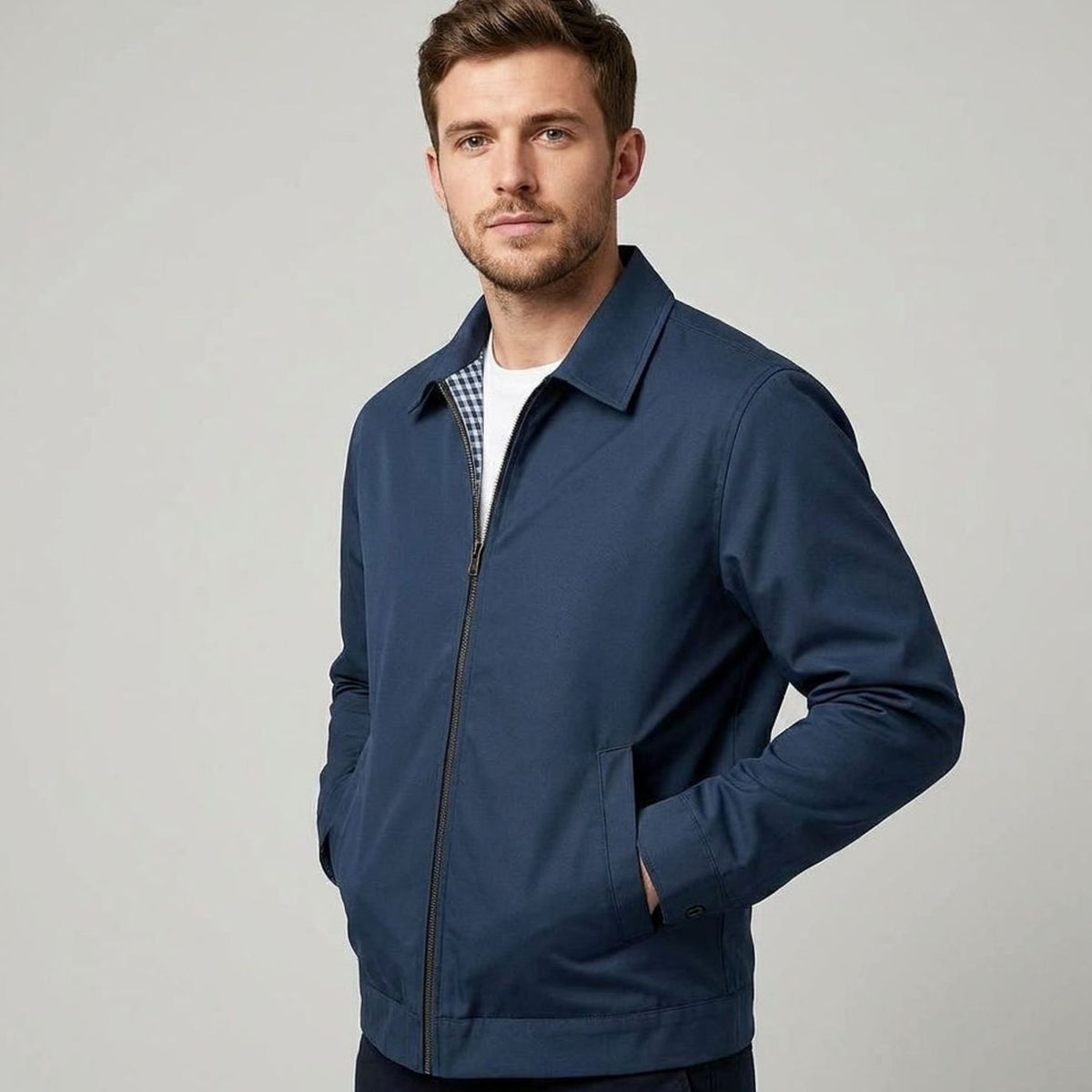 Herren-Harrington-Bomberjacke mit Karofutter und Hemdkragen