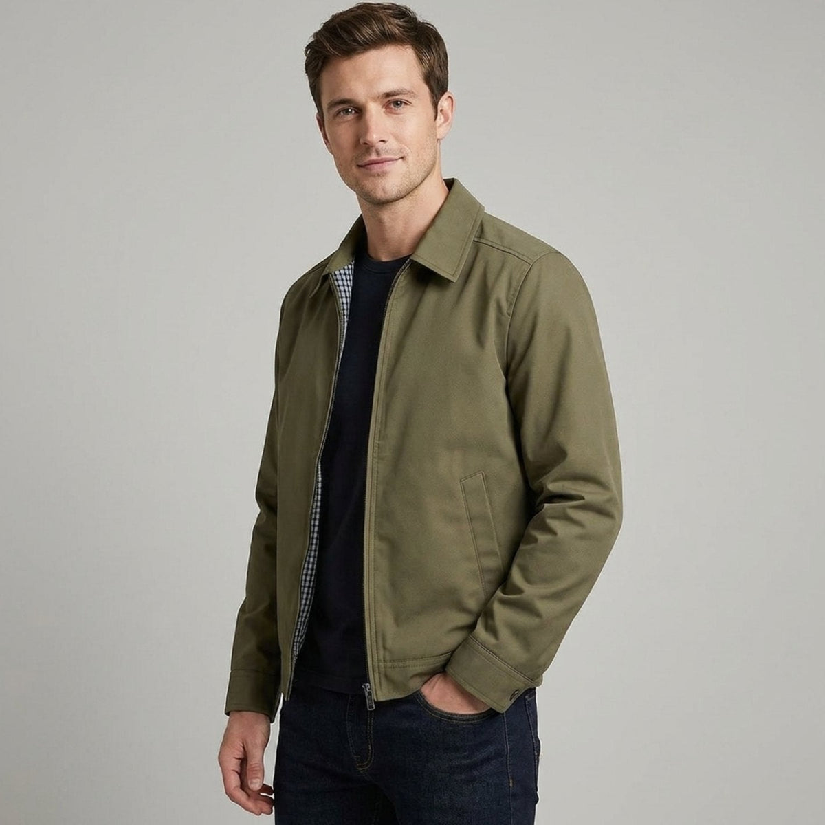 Herren-Harrington-Bomberjacke mit Karofutter und Hemdkragen