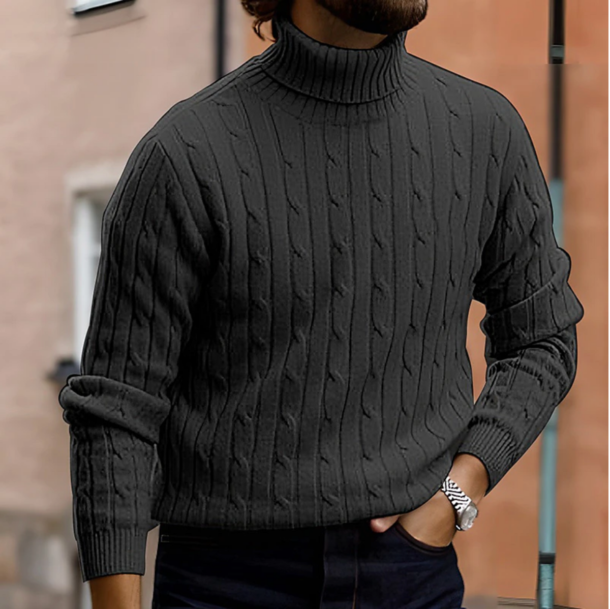 Herren-Rollkragenpullover mit Zopfmuster für den Winter