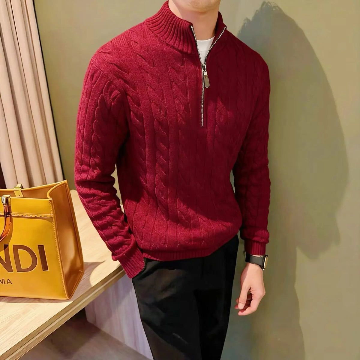 Herren-Strickjacke mit Reißverschluss und Zopfmuster