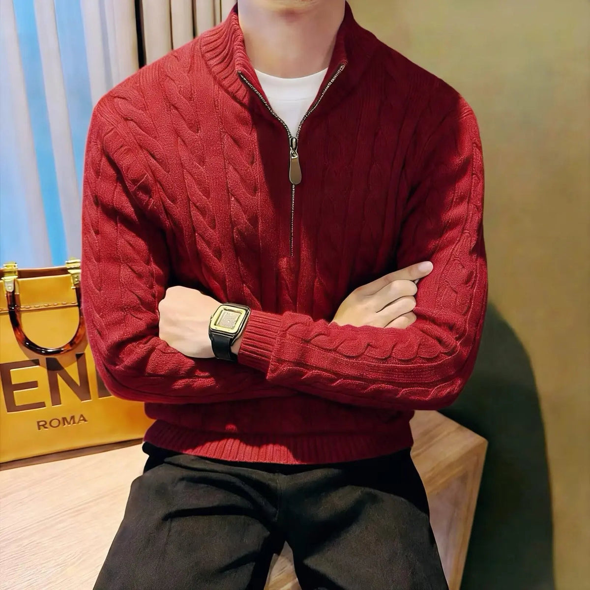 Herren-Strickjacke mit Reißverschluss und Zopfmuster