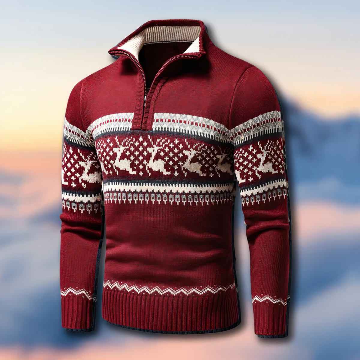 Herren-Strickpullover mit Fair-Isle-Muster und Stehkragen mit Reißverschluss