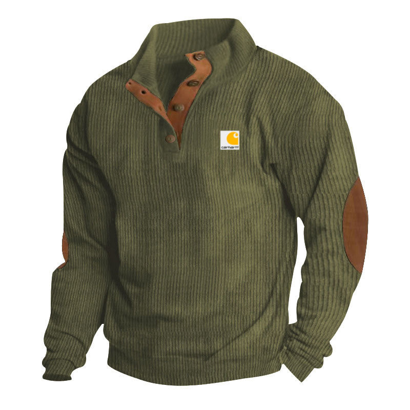 Herren-Strickpullover mit Stehkragen, Druckknopfleiste, Lederbesatz und Ellbogen-Patches