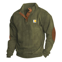 Herren-Strickpullover mit Stehkragen, Druckknopfleiste, Lederbesatz und Ellbogen-Patches
